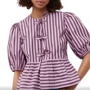 Ganni Tie Front Peplum Striped Blouse